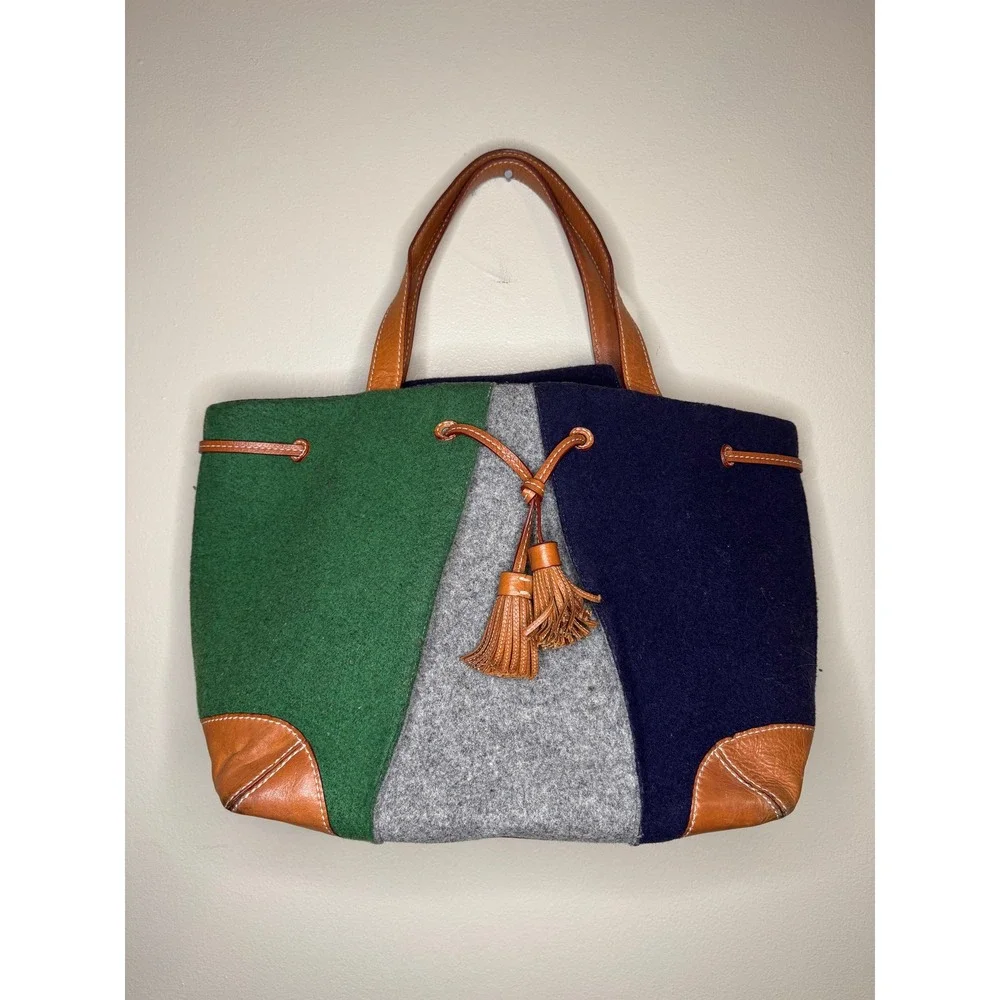 Kate Spade Wool Colorblock Tote Bag Navy Green Gray Leather‎ Trim Tassel